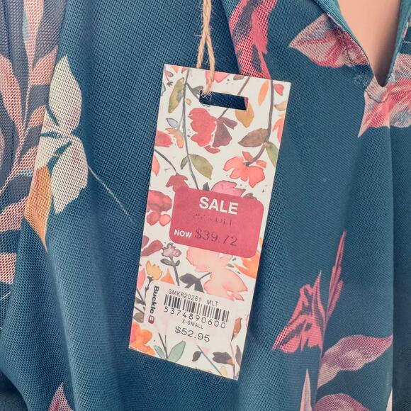 NWT-Gimmicks by Buckle, Leaf Print Mesh Henley Long Sleeve Top, Women’s X-Small - Picture 12 of 12